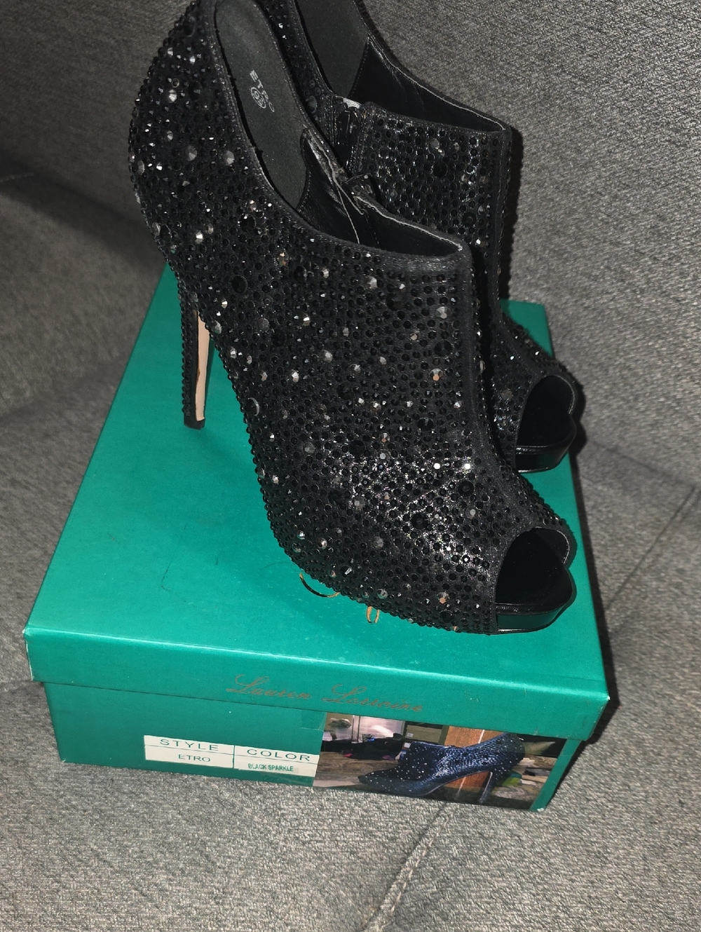 Lauren Lorraine Black Crystal Peep-Toe Platform Heels
